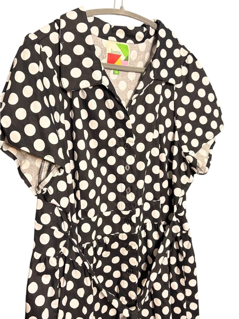 Fervor Black and White Polka Dot Midi Dress with Button Front Tie Back sz 2x